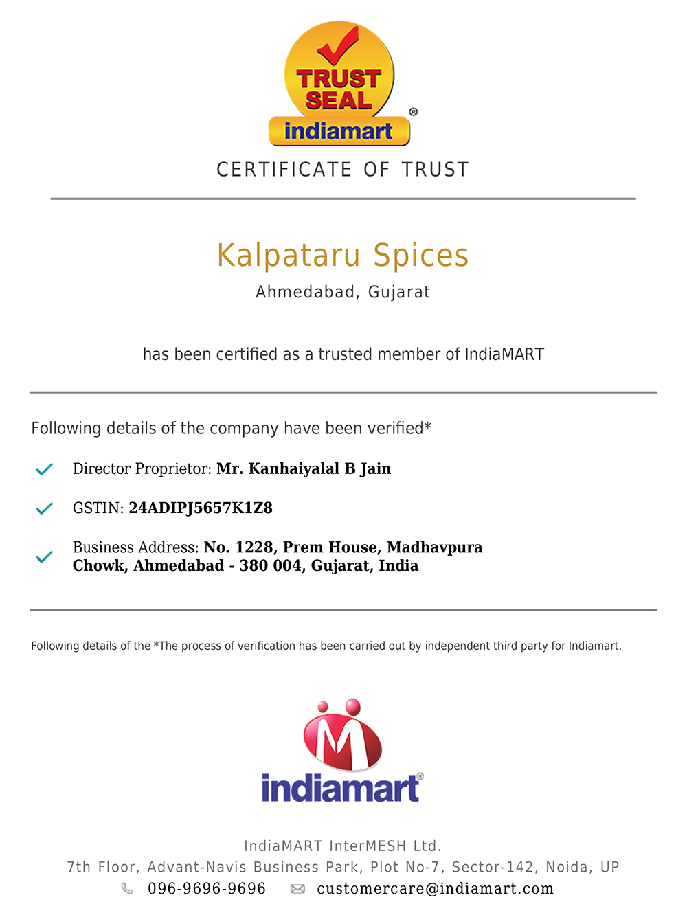 IndiaMart Certificate